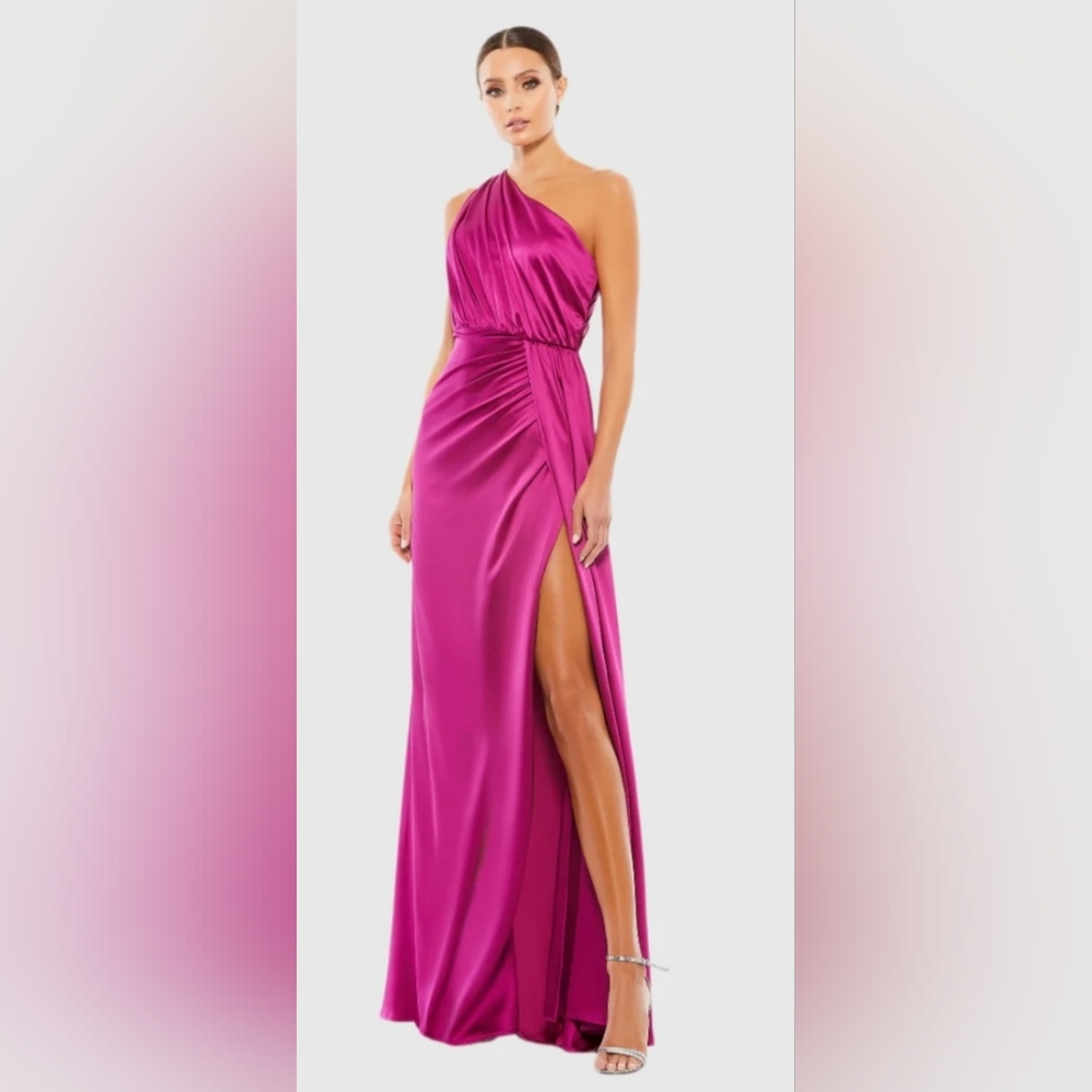 Mac Duggal Gathered One Shoulder Satin Faux Wrap Gown 26654 Size 0 Berry Dress